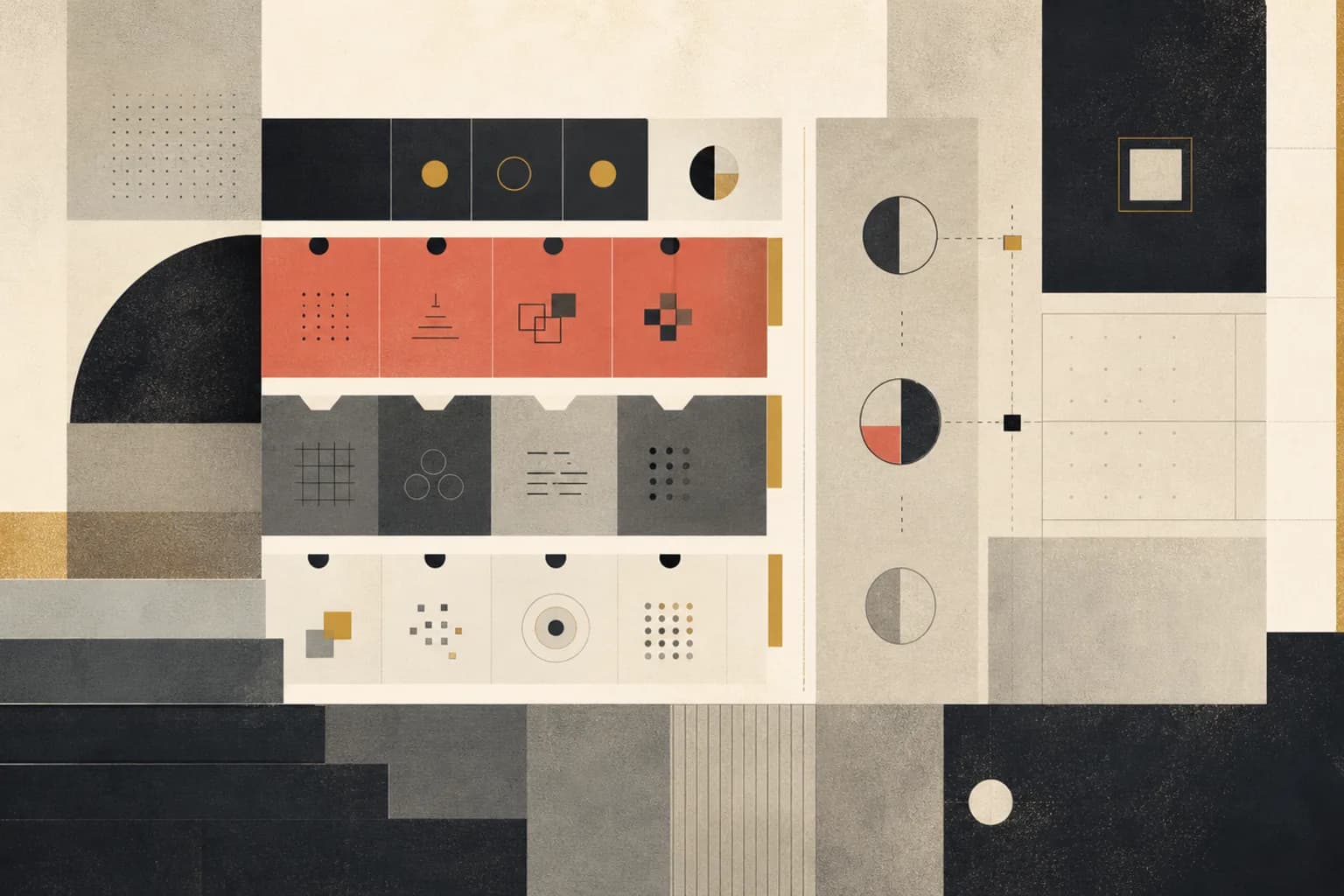 Abstract modernist readiness map with workflow blocks, data cells, and review gates